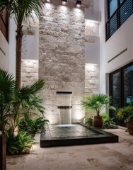 Fototapeta premium Indoor courtyard with stone wall, water feature, and tropical plants