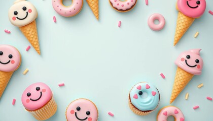 Fototapeta premium Whimsical pastel background with smiling cupcakes, donuts, and ice cream cones, pastel, dessert