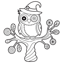 Cute Halloween Owl Wearing Witch Hat on Tree Branch – Spooky Autumn Line Art Coloring Page for Kids

