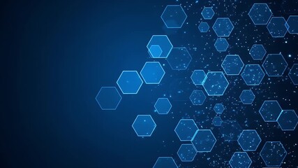Blue neon hexagons and glittering particles on a dark blue background - Powered by Adobe