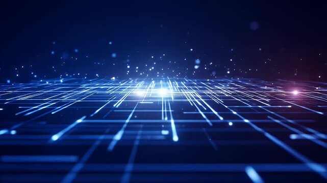 Blue grid with glowing lines and scattered particles
