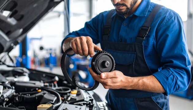 Auto Mechanic Inspecting Timing Belt Car Repair Service. - Powered by Adobe