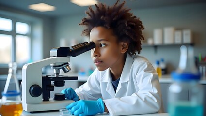 Young girl in a lab coat closely observing a specimen through a microscope as part of a scientific experiment