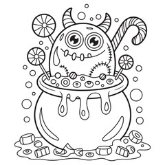 Adorable Halloween Monster in Candy Cauldron – Fun Spooky Line Art Coloring Page for Kids