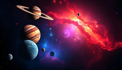 Naklejka premium Whimsical planets, stars, and nebulae in vibrant colors against a dark cosmic backdrop, painting, cartoon