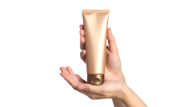 Beige Moisturizer Tube Hand Holding Moisturizing Cream Jar, Isolated on Transparent Background