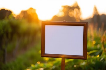 A blank wooden sign stands in a sunlit field at sunset