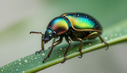 Fototapeta premium A colorful beetle perches on a green leaf, its shiny shell reflecting sunlight. The surrounding droplets of water hint at a recent rain, enhancing the vibrant setting in a lush environment