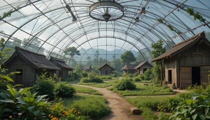 A rural village preserved inside a high-tech biodome, where old traditions coexist with modern tools.
