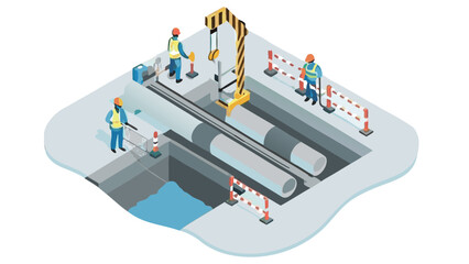 Isometric view of construction site with workers installing large pipes using a crane system