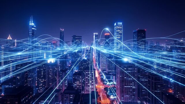 Cityscape with flowing neon lights at night