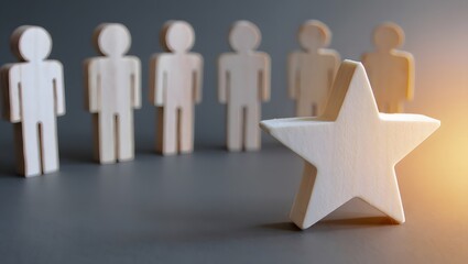 wooden figures and a star on a gray surface for teamwork concept