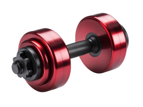 Red dumbbell, isolated on black.  A pair of round, bright red weights with a black barbell.  Fitness equipment.  Glossy finish