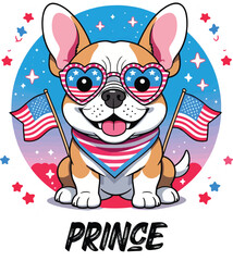 Kawaii Patriotic Puppy with Heart Sunglasses and American Flags – Cute Sticker-Style Illustration