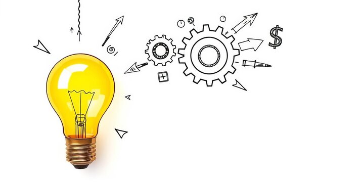 Yellow light bulb with sketched gears, arrows, and dollar signs on white background,  stock photo,  creative