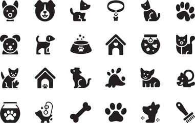 Vector icon set of pets and pet related items