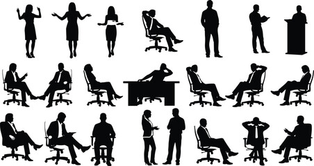 Business silhouettes in office settings, diverse professional gestures, workplace interaction poses, ideal for corporate presentations, marketing, and stock content