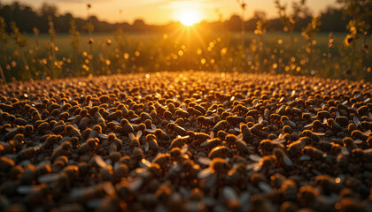 Fototapeta premium A large swarm of bees gathers on a textured surface during sunset, creating an enchanting view as the sunlight filters through the field in the background