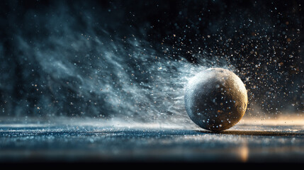 Dynamic Motion of Textured Ball Exploding Through Water Droplets in Dramatic Lighting