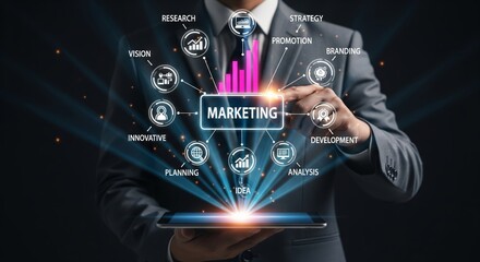 Futuristic Digital Marketing Strategy Interface with Businessman Using Tablet