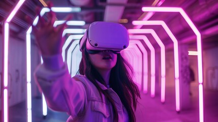 A young woman uses a virtual reality headset to play a video game, hovering in the air with a purple neon light background. This represents the concept of the metaverse, a virtual world.