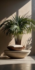 Obraz premium A vibrant houseplant on a beige table creates a serene and modern indoor scene with natural light and shadows