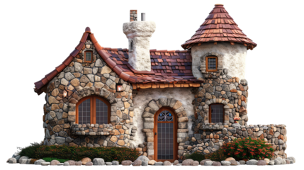 Charming fairytale-style castle cottage with stone walls, isolated on a transparent background. PNG