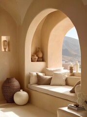 Beige, arched window seat with mountain view.  Beige tones throughout.  Furnished with cushions, planters
