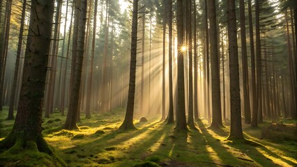 Obraz premium Sunbeams streaming through tall trees in a misty forest
