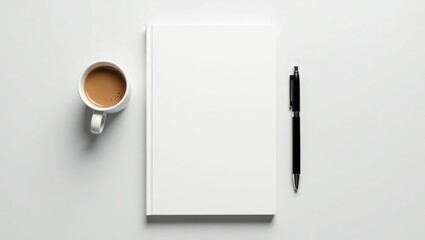 Blank notebook, coffee cup, and pen on a white surface.
