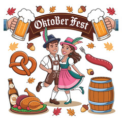 Oktoberfest Doodles Set Beer, Pretzel, Sausage & Bavarian Icons
