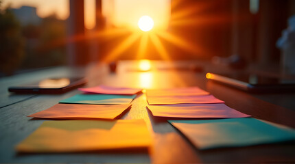 Colorful sticky notes on table with phone and sunset background