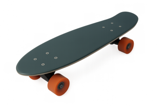 Vintage skateboard with green deck, orange wheels, resting on transparent backdrop for clean design graphic use - Powered by Adobe