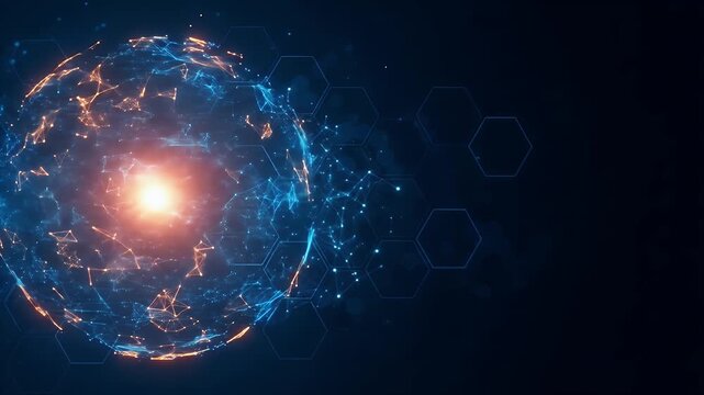 Glowing abstract sphere with interconnected lines and hexagons