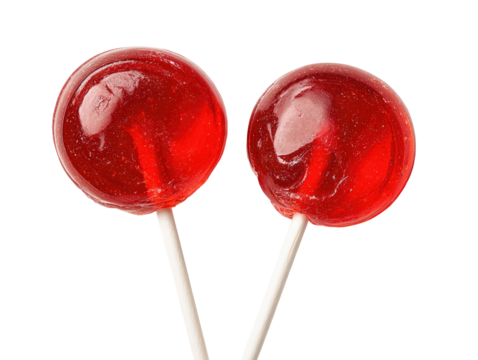 Two vibrant red round lollipops on white sticks (1)