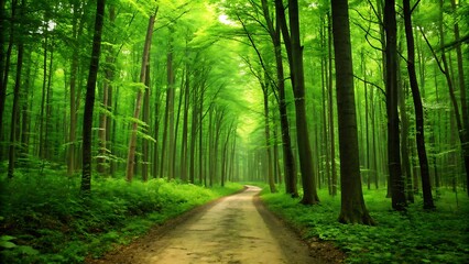 Fototapeta premium Sunlit forest path surrounded by vibrant green trees