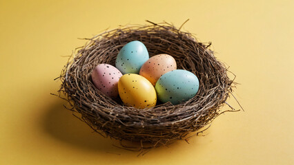 Obraz premium Colorful Easter eggs resting in a nest made of twigs for a festive spring celebration 