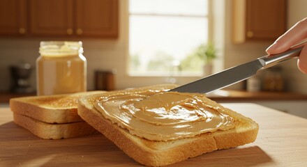 peanut butter being spread on toast with a knife in a kitchen