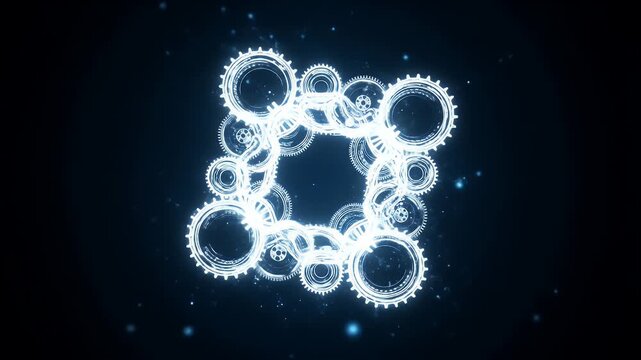 Glowing gears arranged in a circular pattern on a dark background