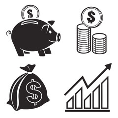 Financial Icons Piggy Bank Coins Money Bag Growth Chart.