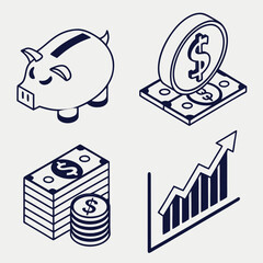 Financial Icons Piggy Bank Money and Growth Chart.