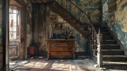 An entryway of a house in England has a table with drawers and stairs.