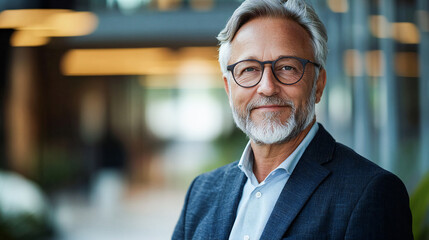 Portrait of successful senior businessman consultant looking at camera and smiling inside modern office building