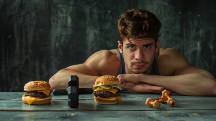 An out-of-shape athlete is debating between eating a cheeseburger or working out with dumbbells. This shows the struggle between choosing healthy habits like exercise and eating healthy.