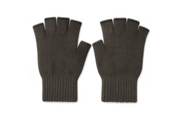 Black fingerless gloves resting against transparent backdrop, showcasing textured leather design for urban styling and chilly environments