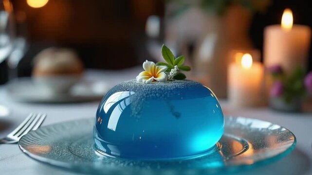 Elegant Blue Jelly Dessert with Floral Garnish