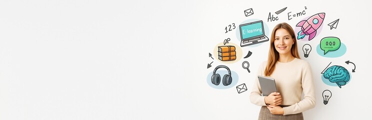 Woman holding tablet with educational icons around on white background, concept of online learning, copyspace for advertising or promotion.