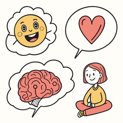 Happy Sun Heart and Brain in Thought Bubbles.