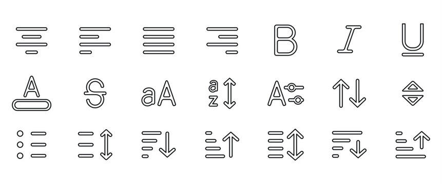 Editable typography iconset, Text style and alignment icon pack, Minimalist vector icons set for Text Formatting and Typography Tools in black UI style on transparent background.