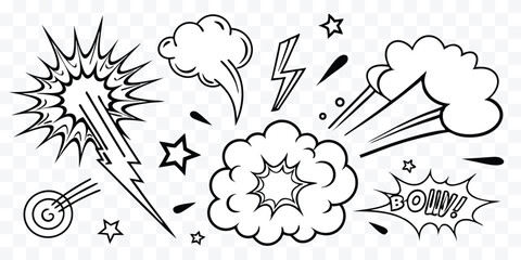 Comic Book Style Explosion Elements with Clouds Lightning and Stars Vector Illustration Set Design for Graphic Novels and Retro Artwork © design png